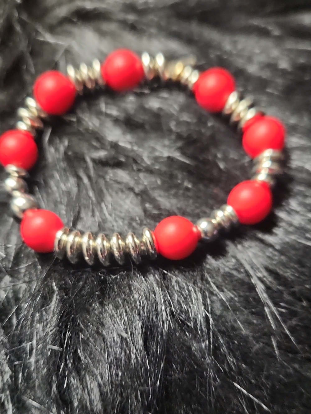 Red Beaded Stretch Bracelet with Silver Accents